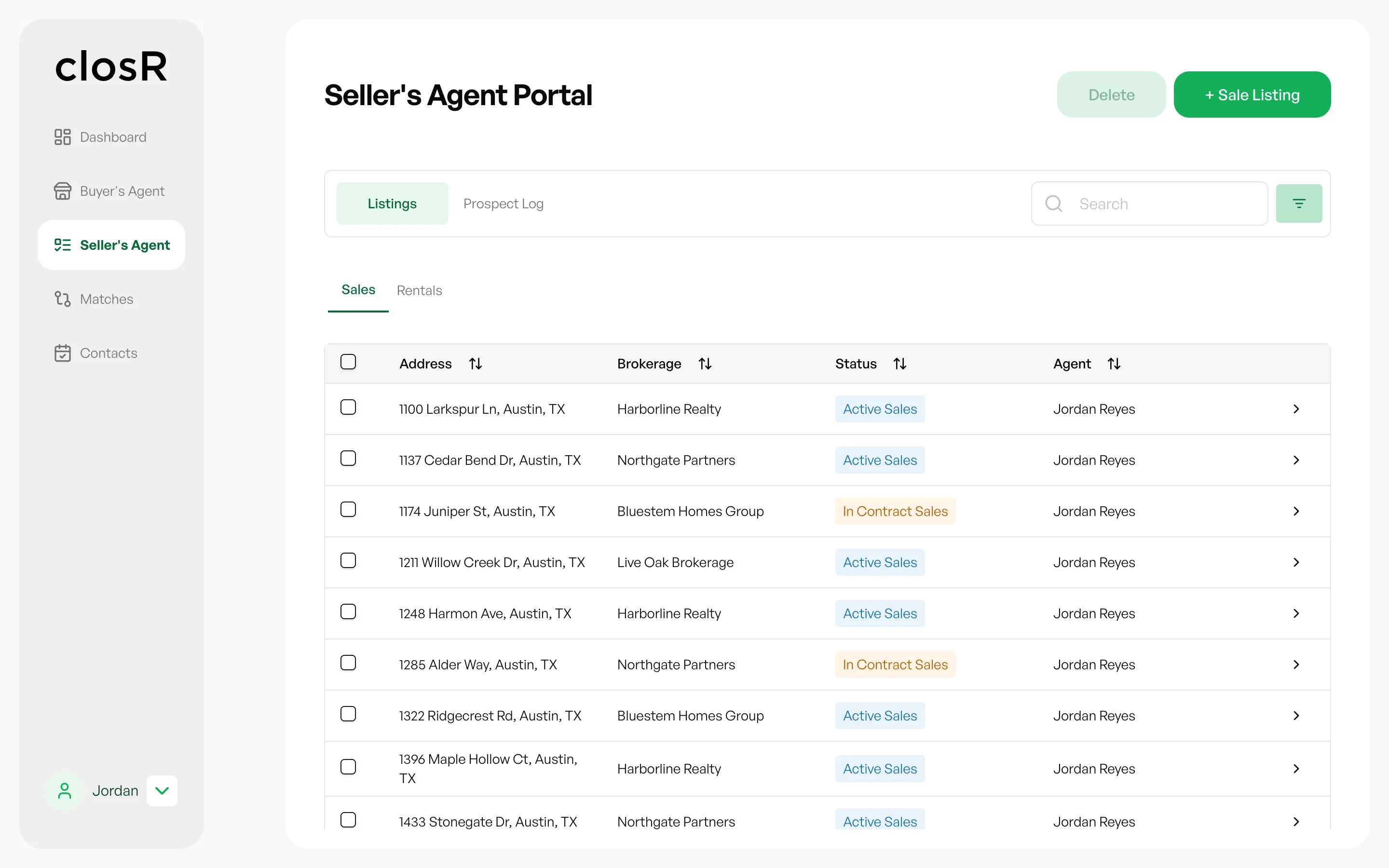 Closr: The seller side keeps sale and rental listings with status, brokerage and agent at a glance.