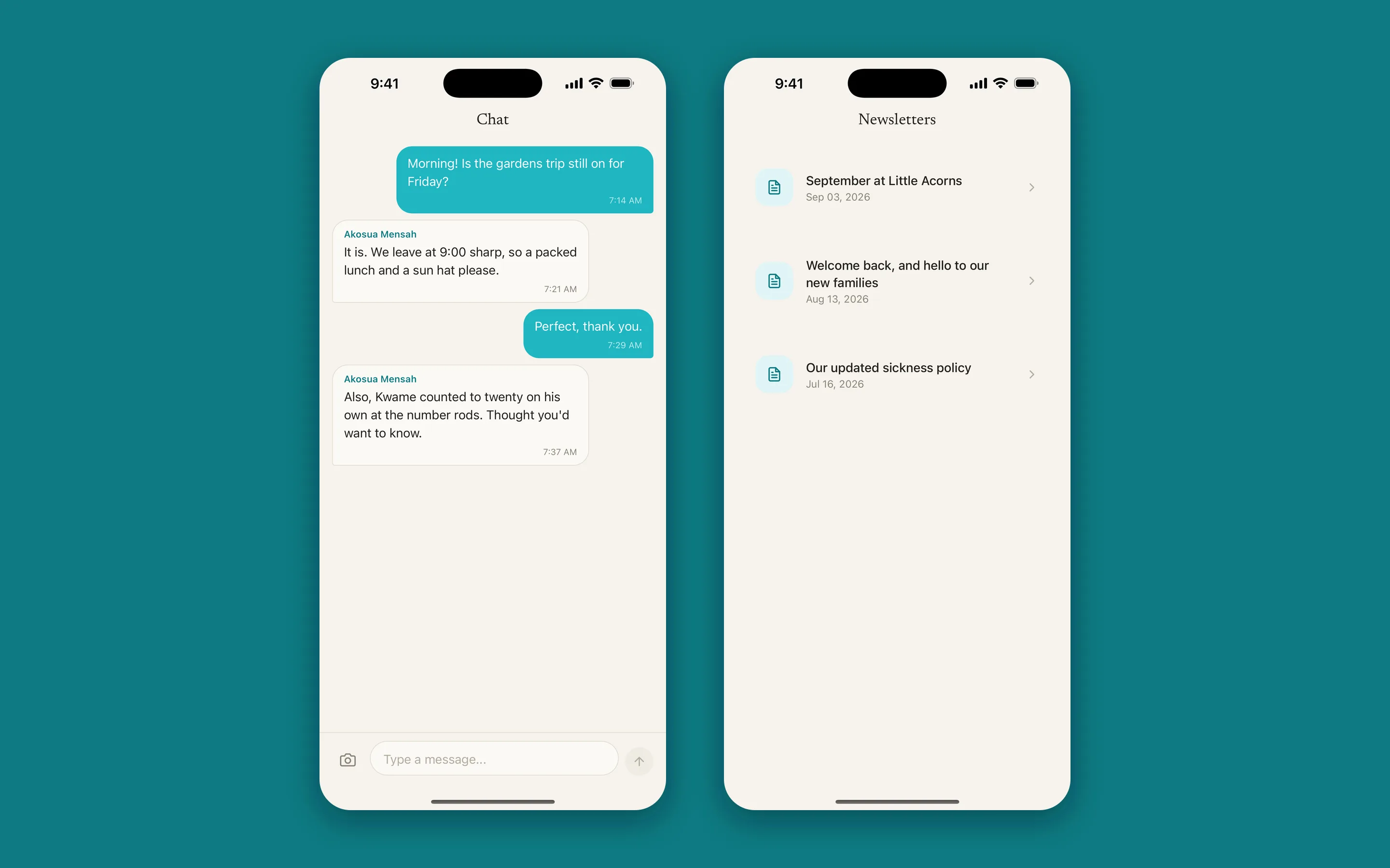 LiddleCare Parents Portal: Parents talk to the staff in their child's room, and settings send newsletters straight to families.