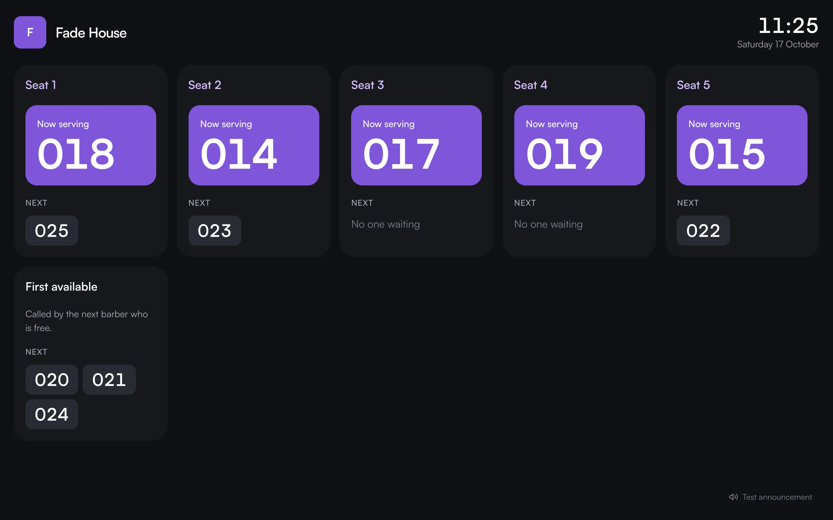tevBarb: The wall screen shows who each seat is serving and who is next in line.